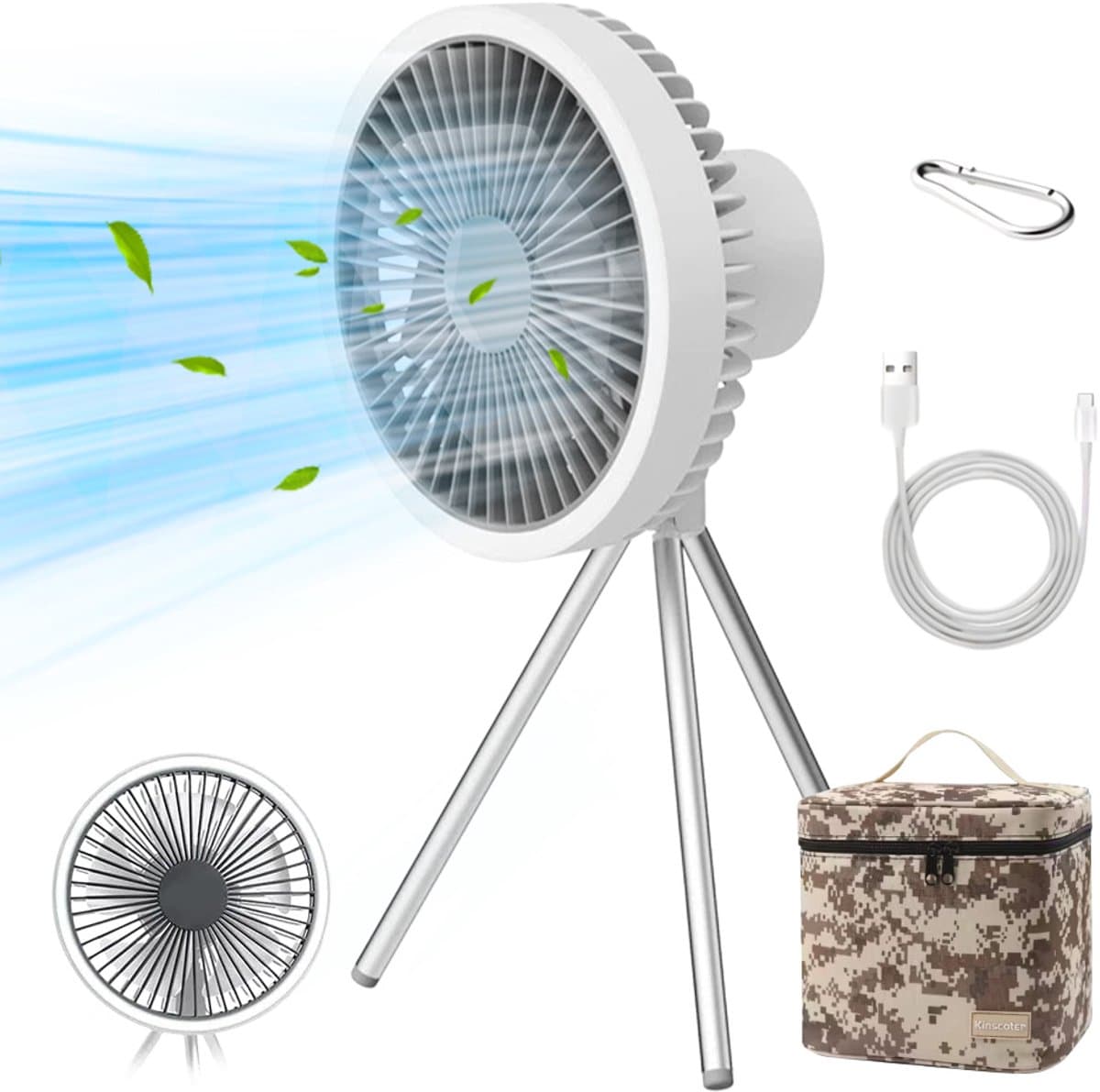 Ventilator met statief - Camping Ventilator - Ventilator - met LED Verlichting - 3 Snelheden - tot 27 uur - Ingebouwde Opklapbare Haak - Wit — afbeelding 1