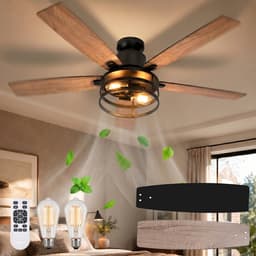 Rosnek Plafondventilator met Verlichting Ø112cm - Smart Lamp met Afstandsbediening - Plafonniere Keuken Lamp met 6 Ventilatiesnelheden - Plafond Ventilator Lamp met Timer, Landelijke Stijl voor Slaapkamer, Woonkamer & Terras — thumbnail 1