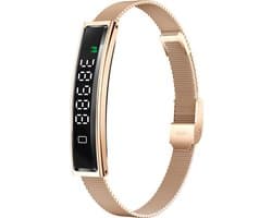 Knobbout Smart Armband – 4.5*1cm screen- Kleurenscherm, Hartslag-, Bloedzuurstof-, Stress- & Slaapmonitor, Sportmodi, Oproep- & Berichtmeldingen, Vrouwen Cyclus, Afstandsbediening Camera, Waterbestendig - Rosegouden staal +Silicone band
