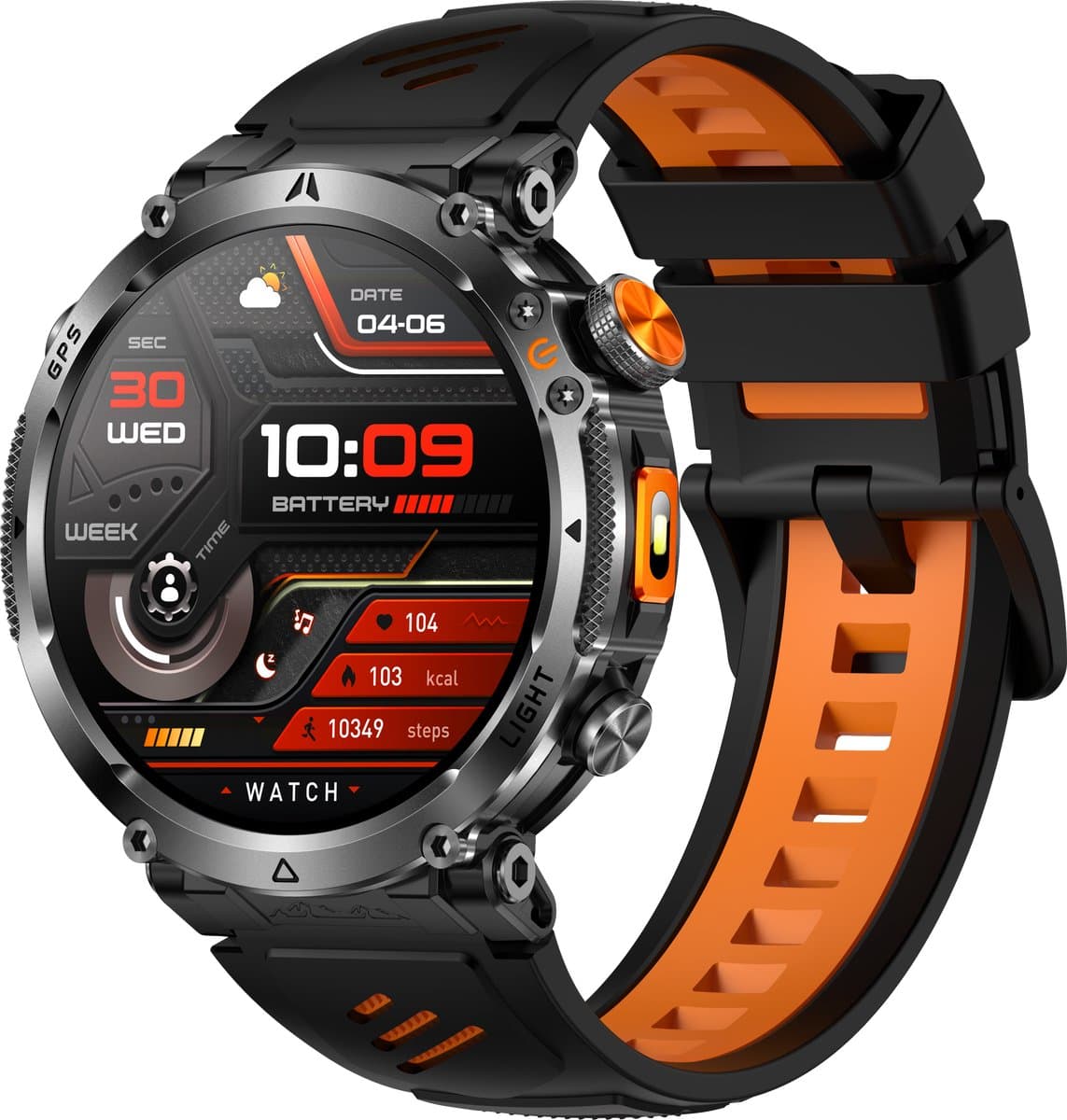 Knobbout GPS Smartwatch 1.7" (4,3 cm) Scherm met LED Zaklamp – 850mAh Batterij | IP68 Waterdicht | Kompas, Hoogtemeter & Barometer | Outdoor Sport Horloge met Bluetooth Bellen - Oranje — afbeelding 1