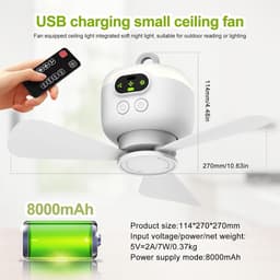 Draagbare kampeerventilator / plafondventilator - 8000mAh op batterijen(Met afstandsbediening en verlichtingsfuncties) - Met 3 afneembare ventilatorbladen - 4 snelheden Timerfunctie beschikbaar - Voor picknicks reizen en noodgevallen — thumbnail 2
