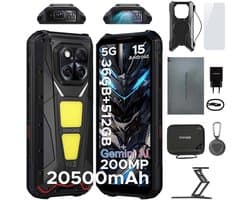 DOOGEE VMAX Play Robuuste Smartphone 5G - 36GB RAM - 512GB ROM - 20500mAh 45W - 6,78 inch 120Hz - 200MP + 32MP AI-Camera, 20MP Nachtzicht - 130dB Luidspreker - 100 LM projector - 1200LM Dubbele Campinglamp - Android 15 Telefoon - NFC GPS - Zwart