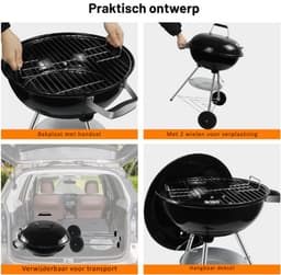 Kogelbarbecue, houtskoolgrill met porselein geëmailleerd deksel en ketel, ronde kolengrill met driepoot-landen en wielen, zwart, 51 x 46,5 x 78 cm — thumbnail 2