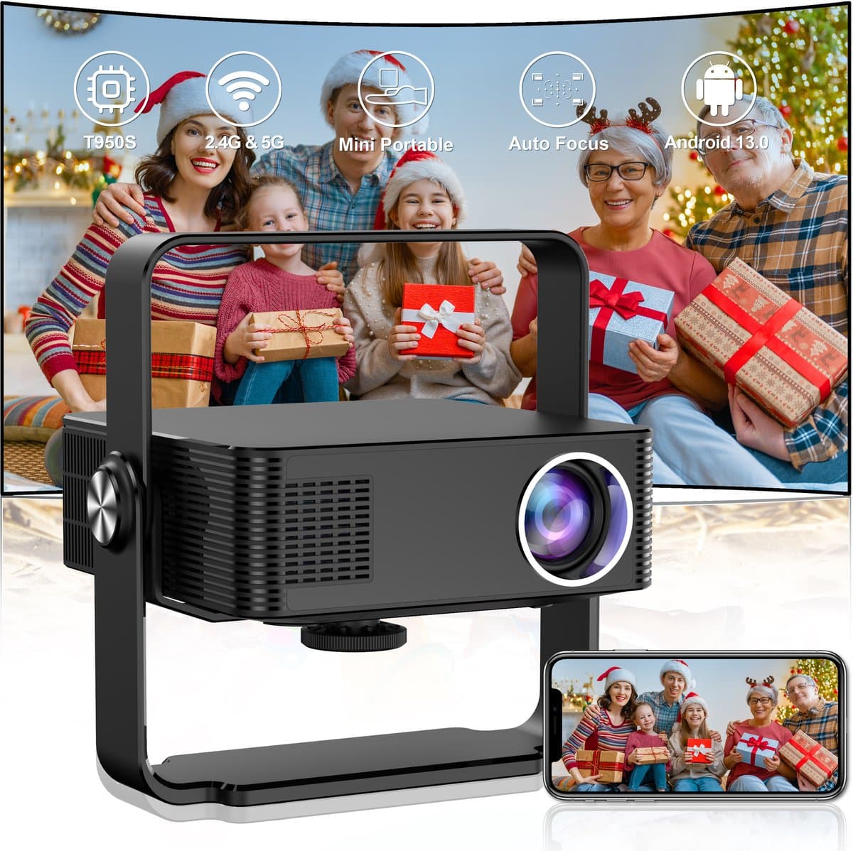 Xnano HM102 Mini Beamer-Thuisbioscoop -Projector 1080P HDR - Beamer met Android 13, 300 ANSI Lumen, 120Hz, 4K Ondersteuning - USB, HDMI, 2GB RAM, 16GB Opslag - -Compact en Draagbaar- Zwart — afbeelding 1