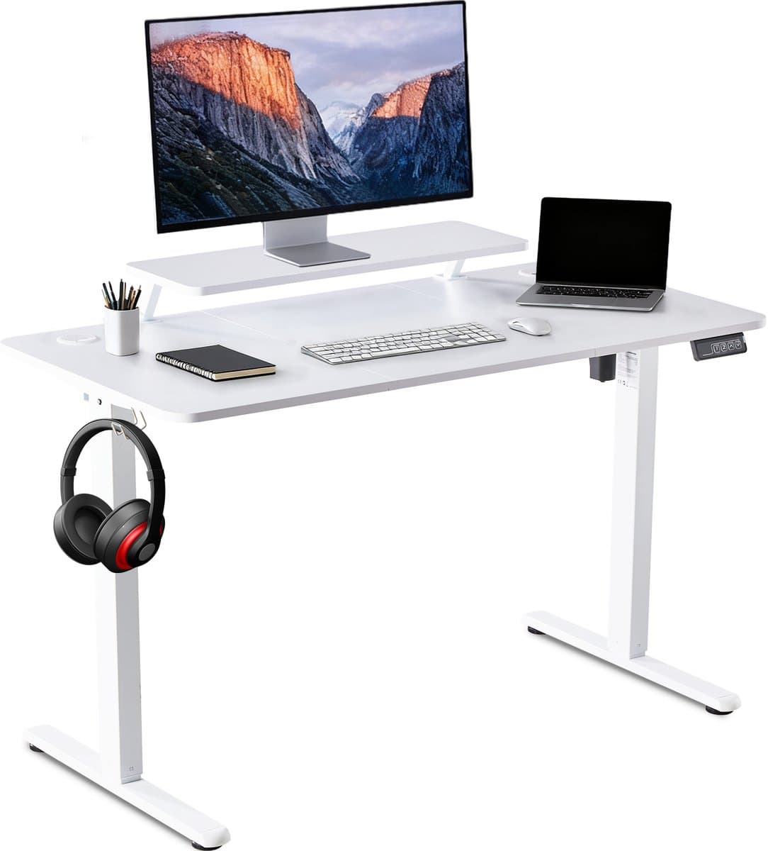 Elektrisch Verstelbaar Bureau 120×60 cm – Hoogte Verstelbaar 73-118 cm – Sta Zit Bureau Met Vaste Monitor Verhoger – Belastbaar 80 kg — afbeelding 1
