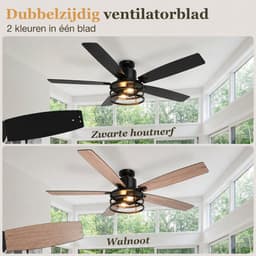 Rosnek Industriële Plafondventilator met Lamp - 132cm Zwart Kooi Design - Stille Plafondventilator Hout - Zomer en Winterstand - Slaapkamer/Patio — thumbnail 3