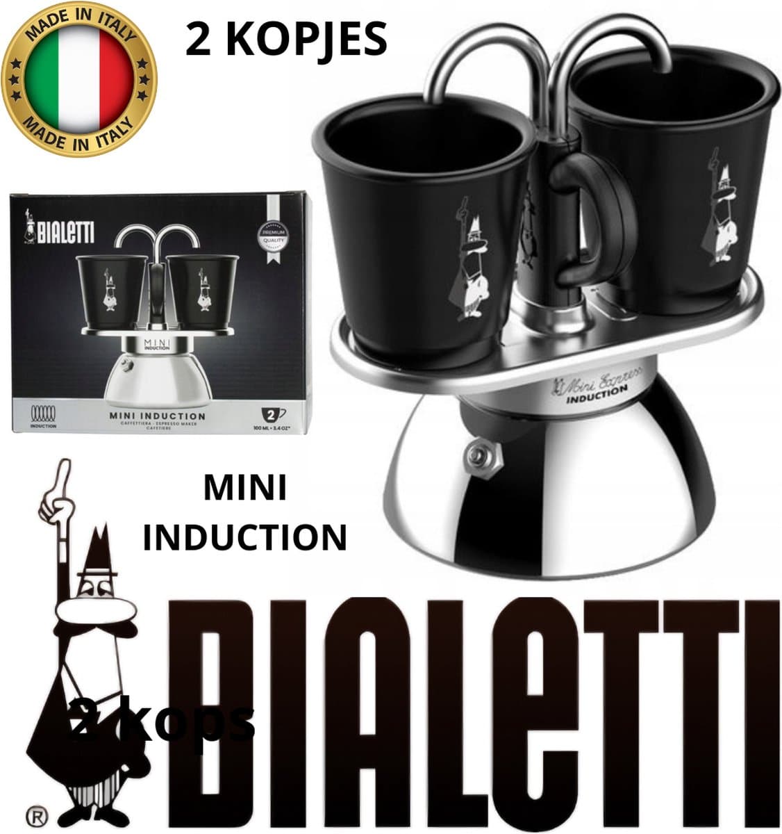 Bialetti - Set Mini Express Inductie 2tz Zwart + 2 kopjes, 2 kopjes, mini induction, koffieliefhebbers, Italië, — afbeelding 1