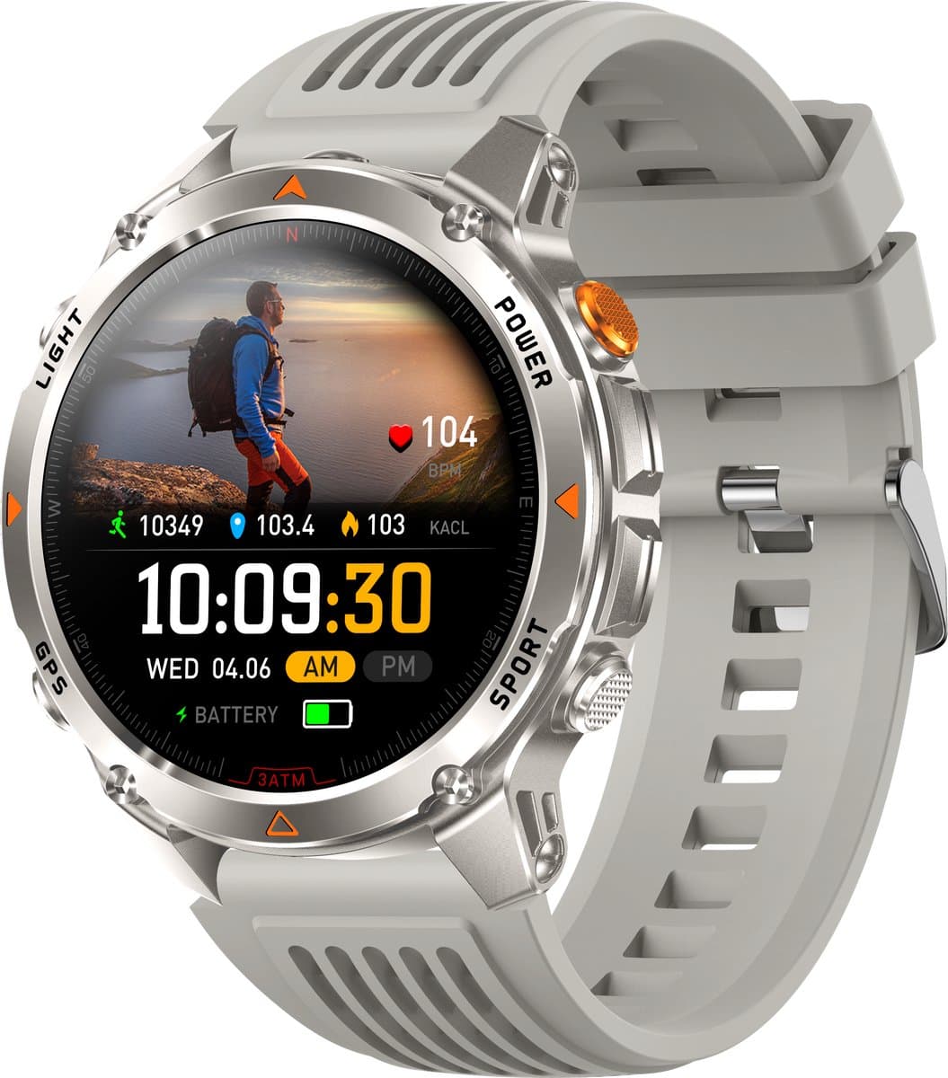 Knobbout 1.46”Scherm (3.7cm) GPS Outdoor Smartwatch – 6 Satelliet Positionering - Kompas & Hoogtemeter -LED-zaklamp - Hartslag & SpO₂, 30 m Waterdicht - 540mAh Batterij, Bluetooth 5.3-Zilver Grijs — afbeelding 1