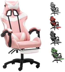 GOTAGEE Gamingstoel Bureaustoel Ergonomische Gamestoel Met Lendensteun un voetpedalen Hoogte en Ligfunctie Wit-Roze — thumbnail 1