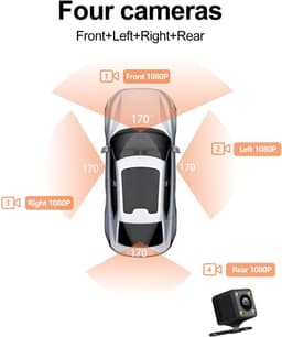 4-kanaals wifi-dashcam voor in de auto, 360-graden panoramische bescherming met WDR, 1080p HD-camera's voor en achter, draaibare lens, infrarood nachtzicht, videorecorder — thumbnail 4