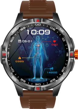Knobbout 1.46” Scherm Sport Smartwatch met Extra Lange Batterijduur – 1000mAh - LED-zaklamp & kompas - AI Spraakassistent - Bluetooth Bellen - 100+ Sportmodi, IP68 Waterdicht -Bruin Silicone — thumbnail 1