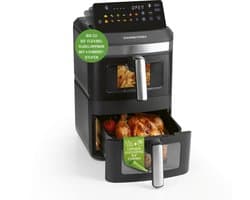 GOURMETmaxx FryUp XL verticale heteluchtfriteuse met dubbele kamer en kijkvenster - 12 l | Airfryer met 9,6 inch multicolor led-touchdisplay en 12 programma's | Heteluchtfriteuse met 2 kamers en bovenwarmte