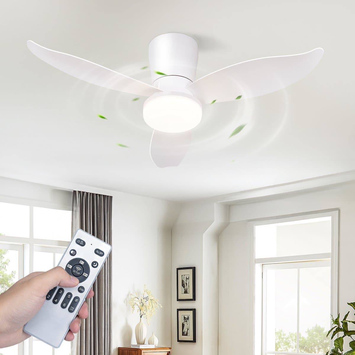 NETTLIFE Plafondventilator met Verlichting - 3 Bladen - Stil - Wit - Dimbaar - 6 Snelheden - Met Afstandsbediening - Voor Slaapkamer & Keuker — afbeelding 1