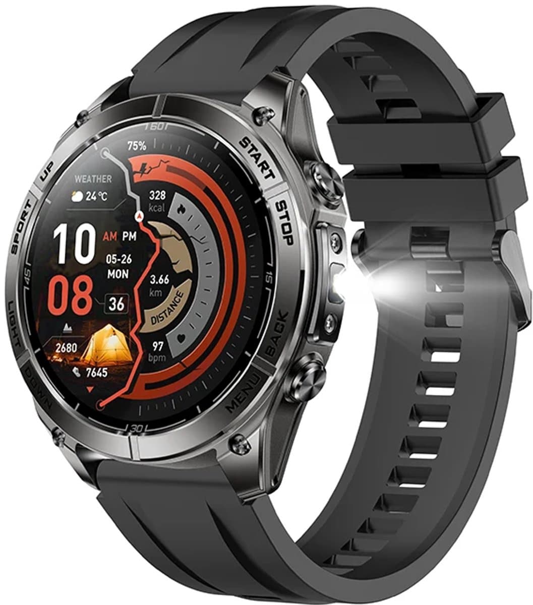 WizBay Premium Select® GPS Smartwatch 1.43” AMOLED 466x466 – Dual L1+L5 GPS – 2GB Geheugen – Offline Kaarten – 5ATM Waterdicht – LED Zaklamp – ChatGPT AI Assistant – Bluetooth Bellen – O2, Hartslag, Slaap - 178+ Sport Modi - Zwart — afbeelding 1