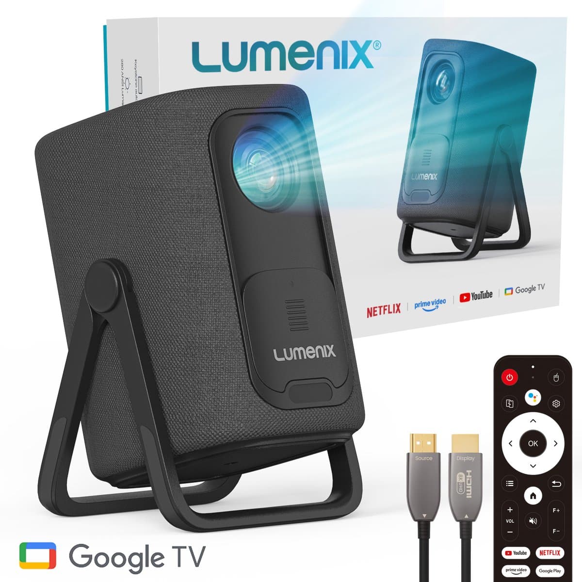 Lumenix® AIR – Google TV – Chromecast ingebouwd – Thuisbioscoop met Netflix – 500 ANSI – Full HD 1080p (4K ondersteund) – WiFi 6 & Bluetooth 5.2 – Autofocus & Auto Keystone – Home Cinema Projector — afbeelding 1