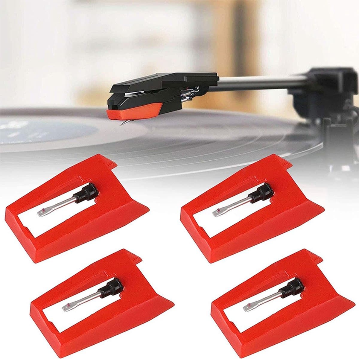 4 stuks - Naald - Platenspeler reservenaald - Premium Platenspeler Naald - universele draaitafelpinnen - Geschikt voor vinylplatenspelers, fonografen - Rood — afbeelding 1