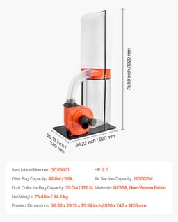 VEVOR Stofafzuigsysteem, 2038,8 M³/U 2,5 Micron Spaanafzuigsysteem, 2,0 HP Zaagselafzuigsysteem met 132,5 L Stofzak en 159 L Filterzak, Stofafzuiger voor Houtbewerking — thumbnail 4