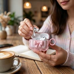 Roze transparant hoesje voor oordopjes dames met 3D strik en golvende rand geschikt voor AirPods Pro 2 siliconen soft case beschermhoes met ring — thumbnail 4