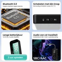 AdroitGoods Bluetooth 6.0 Zender en Ontvanger - 2-in-1 AUX Adapter 3,5 mm - Vliegtuig, Auto en TV - 18 Uur Accu - USB-C - Twee Koptelefoons - Zwart — thumbnail 3
