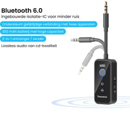 AdroitGoods Bluetooth 6.0 Zender en Ontvanger - 2-in-1 AUX Adapter 3,5 mm - Vliegtuig, Auto en TV - 18 Uur Accu - USB-C - Twee Koptelefoons - Zwart — thumbnail 5