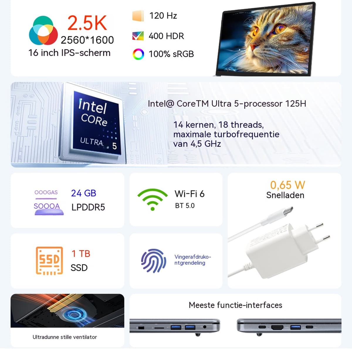 Ninkear N16 Pro 16 inch Laptop - Intel Core Ultra 5 125H - 24GB LPDDR5 - 1TB SSD - 2.5K 120Hz Scherm - Intel Arc - WiFi 6 - AI Laptop — afbeelding 1