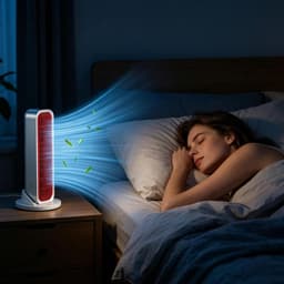 Stille draagbare USB torenventilator - Bladloze Torenventilator - 4000mAh - 3 snelheden - met losse voet en afstandsbediening - voor bureau, slaapkamer en camping - blauw-oranje — thumbnail 2