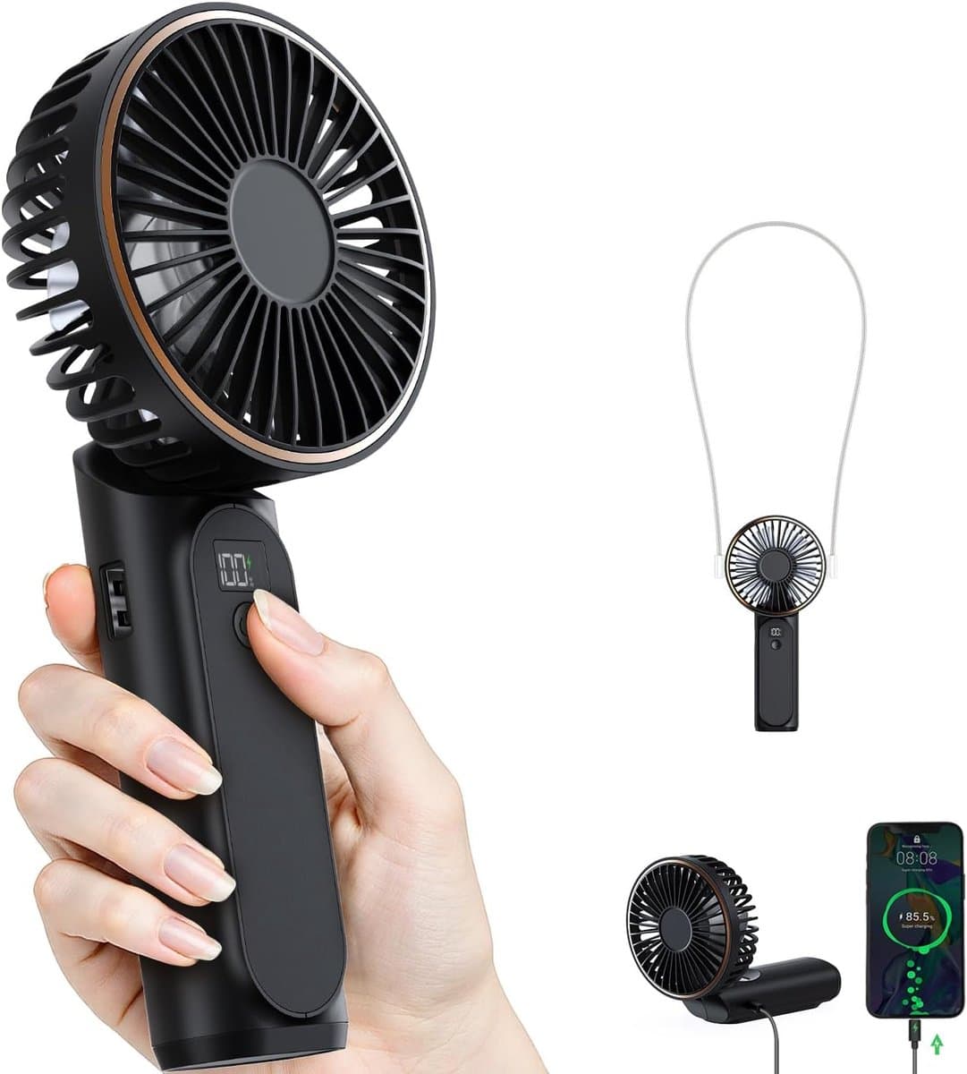 Draagbare handventilator, mini 180° opvouwbare ventilator, 6 snelheden, lcd-display, ultrastil, 4000 mAh, zakformaat, binnen/buiten te gebruiken, met draagkoord — afbeelding 1