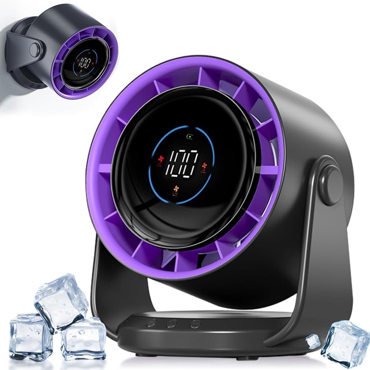 Bureauventilator, 5000mAh batterij, LED-display, 1-199 snelheden en 105° draaibare kop, krachtige luchtstroom, wandventilator voor kantoor, thuis, slaapkamer en keuken — afbeelding 1