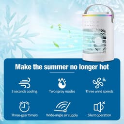 TEKROA® Ventilatoren - Mini Aircooler met Water - Mobiele Airco - Tafelventilator - Drie ventilatorsnelheden, drie timerinstellingen en twee nevelstanden - wit — thumbnail 2