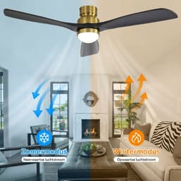Plafondventilator Met Lamp - 3 Hout Bladen - Ø 52 inch - Dimbare lamp - Met Afstandsbediening - 6 ventilatorstanden - Met timerfunctie - LED's Light - Goud, zwart — thumbnail 4