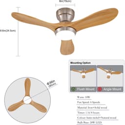 Plafondventilator Met Verlichting – 36 Inch 90 Cm – 3 Bladen – Hout En Metaal – Satijnnikkel Natuurlijk Hout – Afstandsbediening 6 Snelheden — thumbnail 4