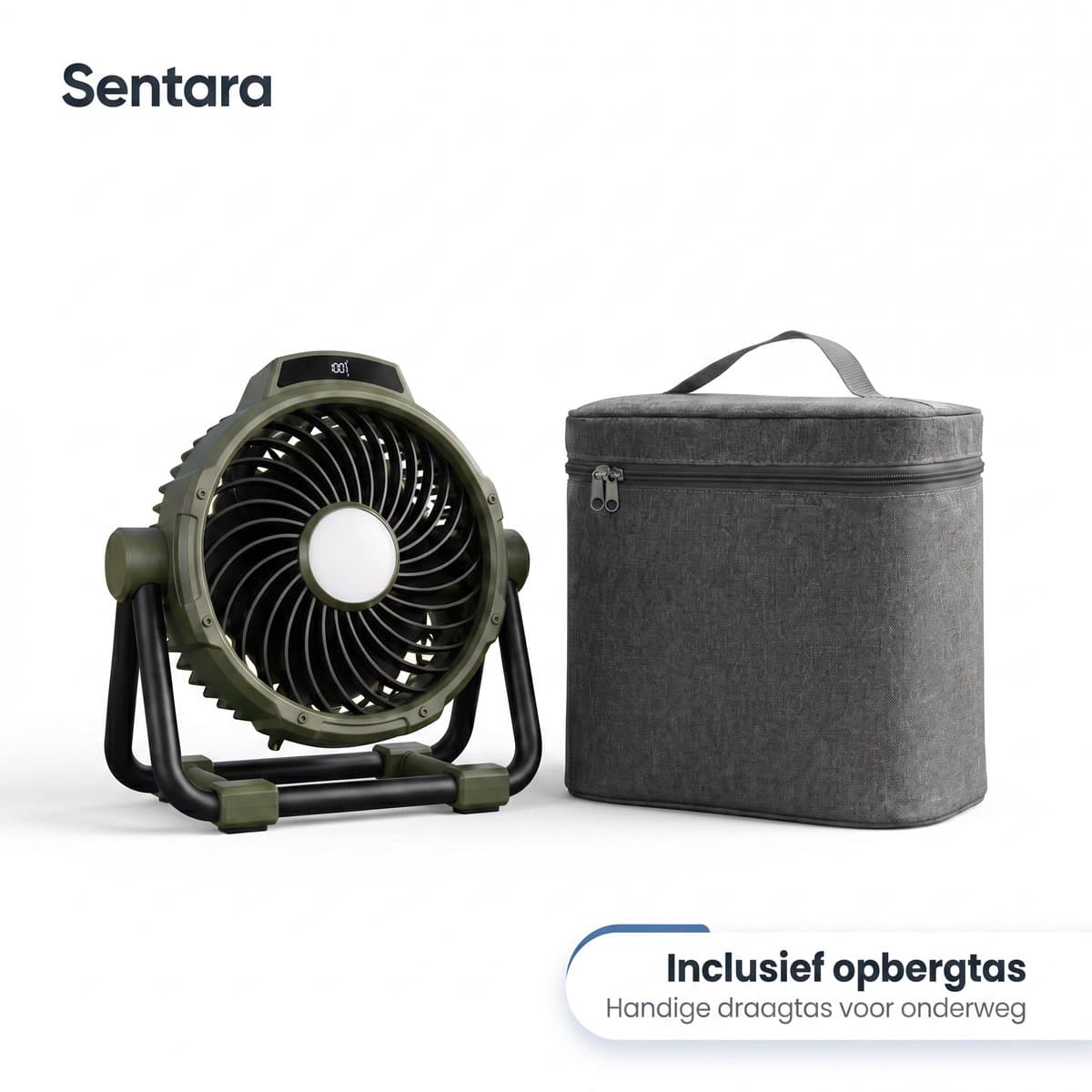Sentara Campingventilator Oplaadbaar 10000mAh – Lichtgewicht Draagbare Buitenventilator met LED-nachtlamp, Powerbank-functie, Timer & Opbergtas – Ophangbaar of Staand – 5 Standen – Legergroen — afbeelding 1
