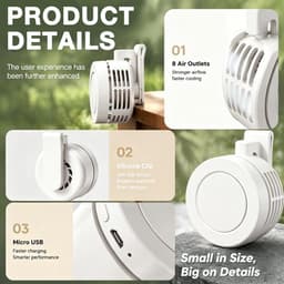 Mini Ventilator - Clip-On Ventilator - Handventilator - 3 Snelheidsinstellingen - Nekventilator - Oplaadbaar via USB - Portable Clip Fan - Stille Ventilator - Tafelventilator Waaier Handwaaier - Ideaal voor op reis, kamperen of reizen - Wit — thumbnail 5