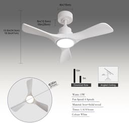 COVREO Plafondventilator met verlichting 91 cm wit hout en metaal, 6 standen — thumbnail 3