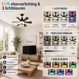 Lapamax E27 Plafondventilator Lamp Ø52cm- RGB LED Ventilator lamp met Kantelbare Ventilator & Verstelbare Hoogte - Afstandsbediening - Fan met Bluetooth Speaker -3 Snelheden - Voor Woonkamer, Slaapkamer en Kantoor — thumbnail 3