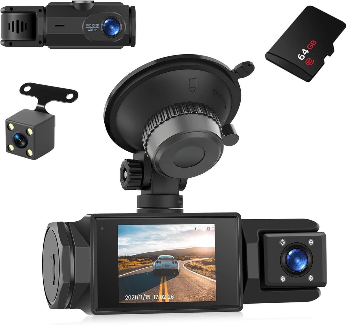 3-kanaals Dashcam - Full HD 1080p - 2 Inch Scherm - Wifi Verbinding - Voor Auto — afbeelding 1