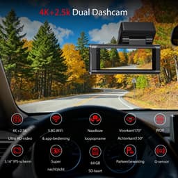 SnelShoppen - Dashcam 4K+2.5K Dubbelkanaals Voor en Achter met 5.8GHz WiFi, Ingebouwde GPS, 3.16" IPS Scherm, Nachtzicht, G-Sensor 170°, Parkeerstand, — thumbnail 4