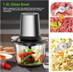 Elektrische Hakmolen - Keukenmachine Universal - Snel Ingrediënten Snijden - 4 Roestvrij Staal Messen - 1.5L Glazen Kom - Multicolor — thumbnail 3