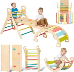 Bean 5-in-1 Montessori klimdriehoek met klimboog en glijbaan (M) | houten driehoek voor peuters vanaf 2-5, indoor klimspeelgoed, regenboog met handvat — thumbnail 1