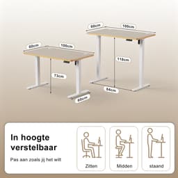 Devoko Elektrisch Verstelbaar Zit-Sta Bureau 100x60 cm Breed – Hoogte 73–118 cm – 2 Geheugenstanden, Zit-Herinnering, LED-Display en USB – Draagvermogen 70 kg – Beige — thumbnail 2