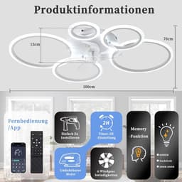 Roulana LED-plafondventilator met verlichting, 100 cm lamp met ventilator, 80 W, wit , inclusief afstandsbediening, 120V-240V. 6400 lumen — thumbnail 4