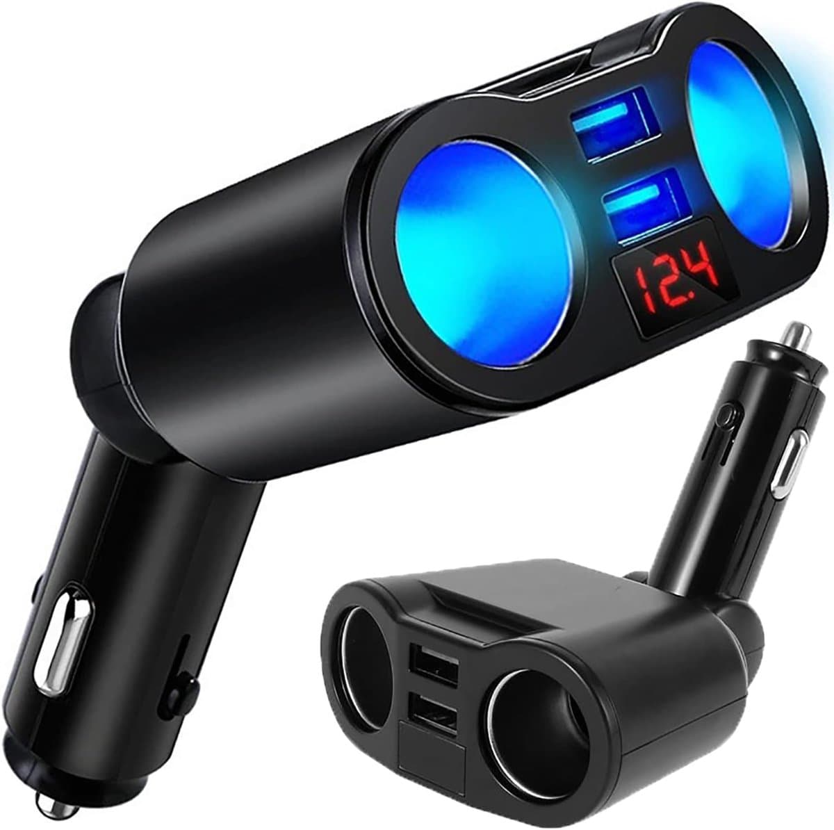 Thijox - Sigarettenaansteker verdeler met 2 meervoudige stopcontacten, 2 USB poorten, voltmeter, 12V/24V auto-oplader voor mobiel, tablet, GPS, dashca — afbeelding 1