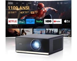 SnelShoppen - 4K HDR10 Beamer, Smart Projector met Google TV, Netflix, 1100 ANSI Lumen, Stil 26 dB, 1080P FHD, 5G+2.4G WiFi, Bluetooth, Spraakbedienin