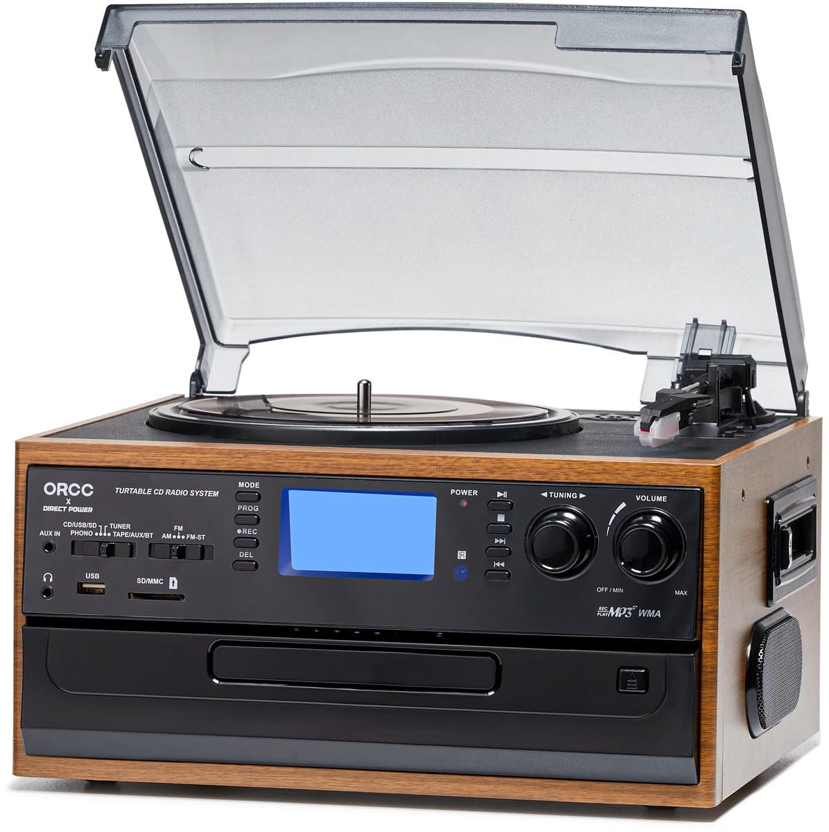 ORCC 10-in-1 Platenspeler Vintage – Bluetooth Vinyl Platenspeler met CD, USB, SD, AUX, RCA, Ingebouwde Stereo Speakers, Afstandsbediening, 33/45/78 RPM en Houten Behuizing – Bruin — afbeelding 1