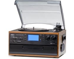 ORCC 10-in-1 Platenspeler Vintage – Bluetooth Vinyl Platenspeler met CD, USB, SD, AUX, RCA, Ingebouwde Stereo Speakers, Afstandsbediening, 33/45/78 RPM en Houten Behuizing – Bruin