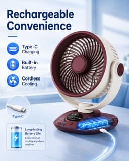 Tafelventilator - USB Oplaadbare Ventilator - Circulatieventilator - Oscillerende Ventilator - Ventilator Met LED Display - Draadloze Ventilator - Stille Ventilator - Rood Wit — thumbnail 3