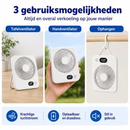 Oplaadbare USB-C Tafelventilator met LED Display, Vouwbaar en Stil, 180° Verstelbare Mini Ventilator voor Kantoor en Thuisgebruik, 2000mAh Accu - Wit — thumbnail 5