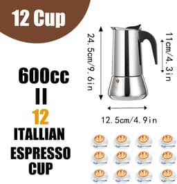 12 Cup Stovetop Espresso Maker Stainless Steel Moka Pot Espresso Maker Percolator Italian Coffee Maker Capable Mocha Coffee Machine Cafe Classic Maker for Home & Camping 600ml 20oz — thumbnail 2