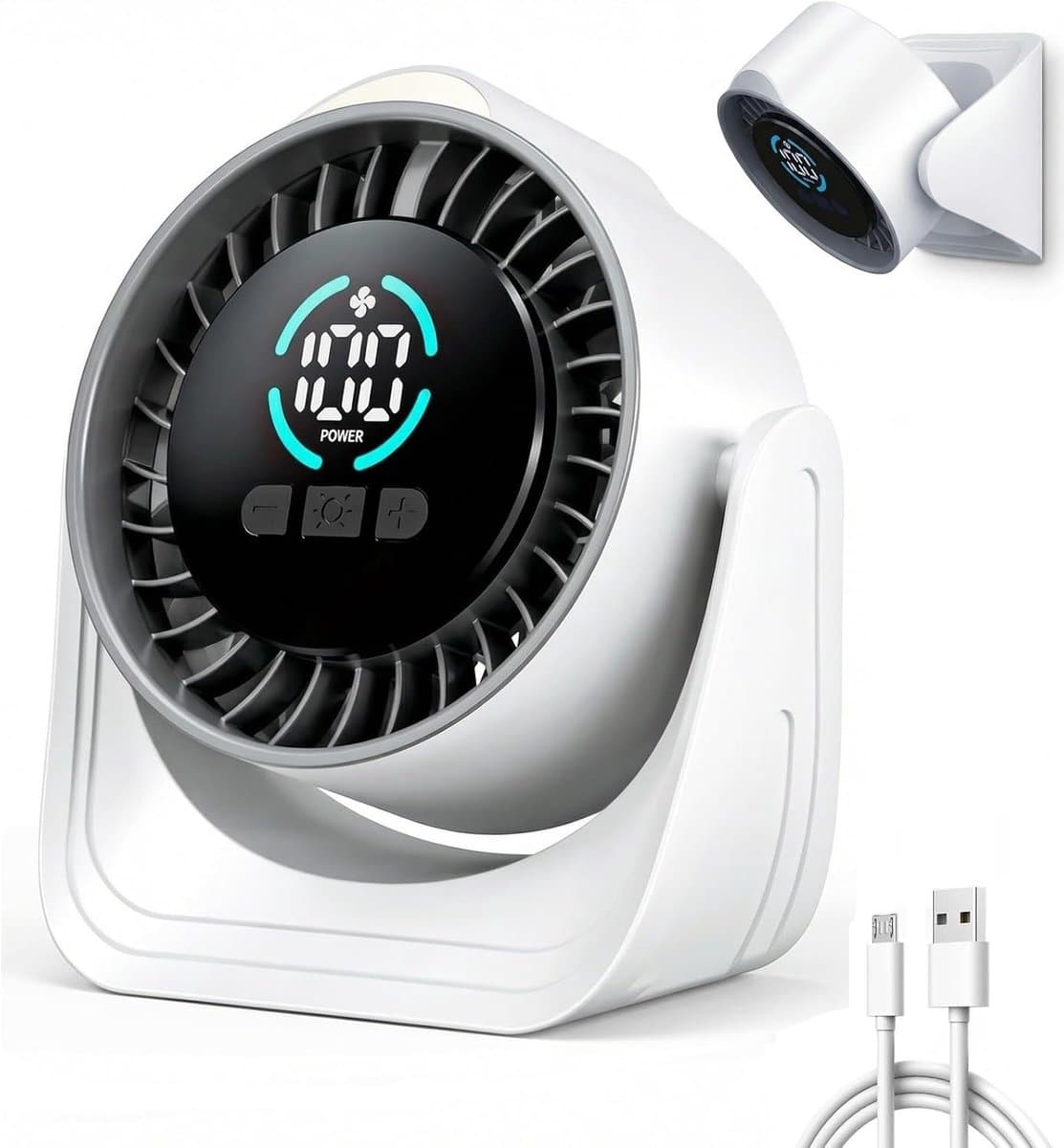 Tafelventilator - draagbare turboventilator, 100 standen traploos regelbaar, stille slaapmodus met nachtlampje, type C snel opladen, 360° tafel- en wandventilator voor outdoor, camping, huis, kantoor — afbeelding 1