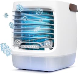 Mobiele Airco en Mini Luchtkoeler met 550ml Watertank - 4-in-1 Kleine Aircooler met Oplaadbare Accu - Fluisterstille Tafelventilator met Waterverneveling voor Slaapkamer, Thuiskantoor en Camping - Draadloze Air Cooler - Wit — thumbnail 1